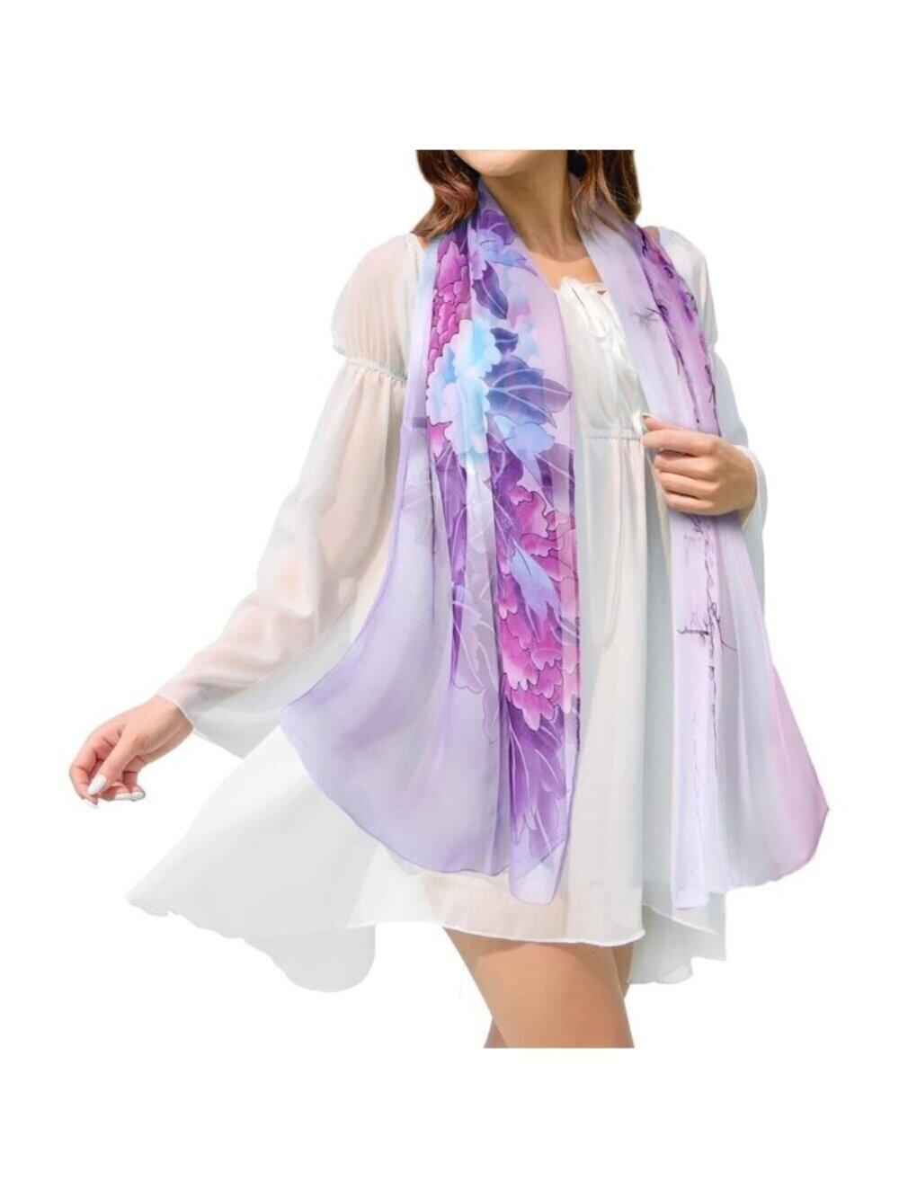 Women's Purple-flower Fashion Lightweight Head Scarf Floral Print Chiffon Scarve